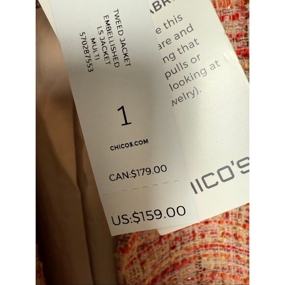 Chico’s Embellished Tweed Jacket Size 1 (M) Multi Color – Statement Pearl Collar - Picture 5 of 7